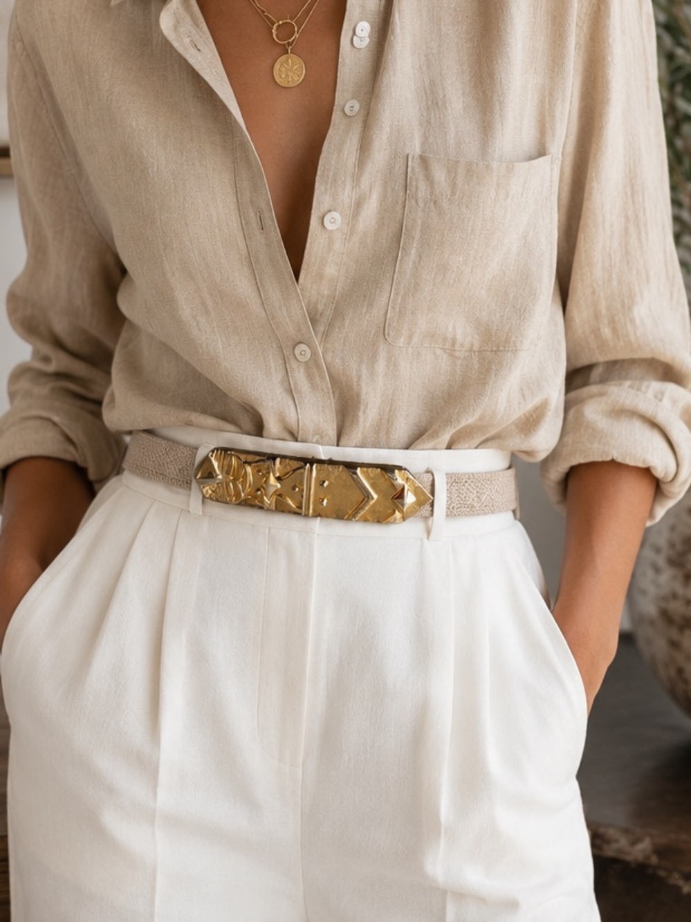 Alexis Kirk Gold Statement Buckle Tan Reptile Print Belt Made in NY Vintage
